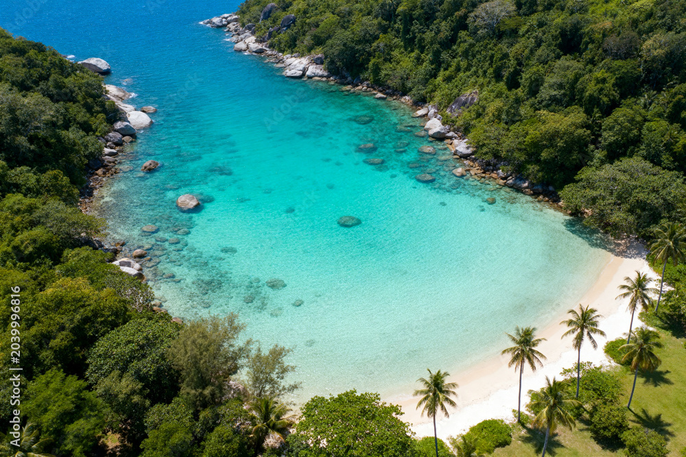 Fototapeta premium Aerial View of Tropical Secluded Beach with Clear Turquoise Water and Palm Trees
