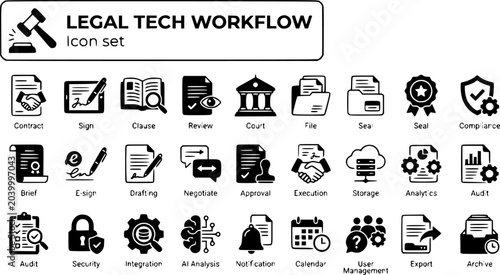 Legal Tech Contract Workflow Icon Set Contract Sign Clause Review Court File Seal Compliance Brief E-Sign Law Firm Digital Vector Illustration