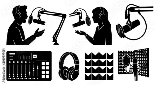 Foto Podcast Studio Icons Set, Audio Recording Equipment Vector Graphics, Microphone,
