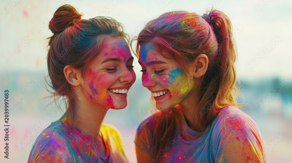Fototapeta premium Two beautiful young women covered in vibrant Holi colors smiling and laughing together