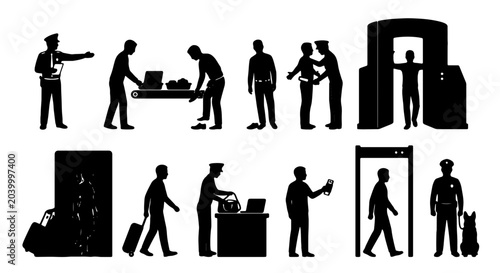 Tableau sur toile Airport Security Checkpoint Vector Icons, Silhouette Figures Illustrating Screen