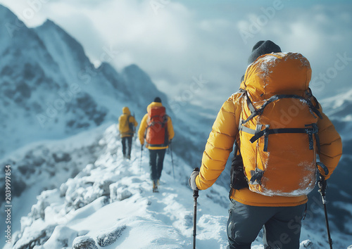 A group of people, tourists and rock climbers, go to the mountains to conquer the snow-capped mountain peaks.