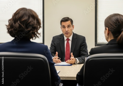 Professional business meeting with a male manager speaking to two female colleagues in an office boardroom