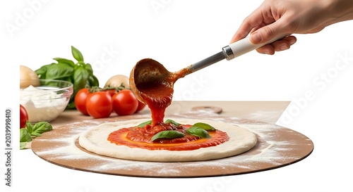 Hand applying tomato sauce to a pizza dough with fresh ingredients on a table.