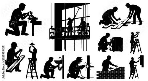 Tableau sur toile Construction Workers Silhouettes, 10 Vector Icons Set: Building Trades, Manual L