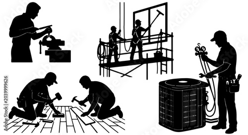 Bild auf Leinwand Skilled Tradesmen Set: Construction Workers, HVAC Technician, Window Cleaners, C