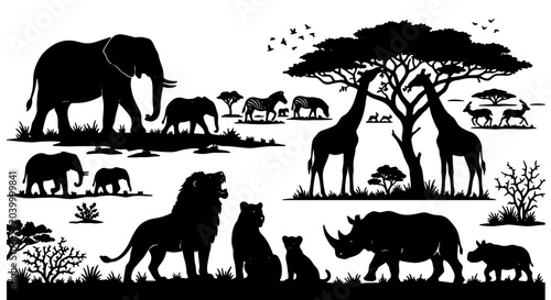 Slika na platnu African Wildlife Silhouette Collection: Majestic Elephants, Lions, Giraffes, Rhi