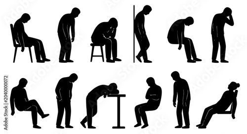 Принти на полотні Collection of 11 Black Silhouette Figures Depicting Sadness, Fatigue, and Despai