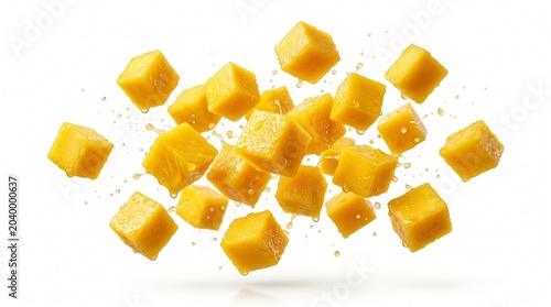 Floating Mango Cubes Concept Isolated on White Background