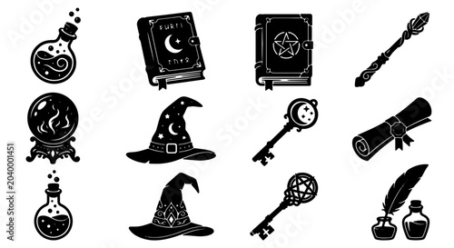 Φωτογραφία Mystical Magic Icons Set: Enchanted Potions, Spellbooks, Wands, Crystal Ball, Wi
