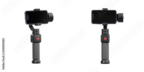 Photos 3D illustration of a smartphone mounted on a handheld gimbal stabilizer