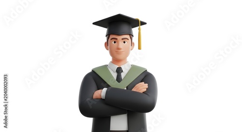 3d illustration of a young male student wearing a graduation cap and gown with arms crossed, isolated on white background