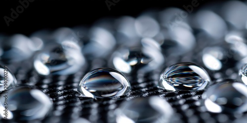 An artistic representation of water droplets glistening on a dark surface, emphasizing the contrast between light and dark in a beautifully abstract manner.