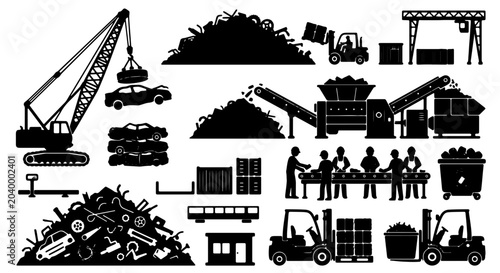 Cuadro en lienzo Recycling Plant Icons Set: Scrap Metal, Car Crusher, Conveyor Belt, Workers, For