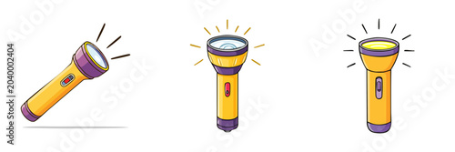Yellow flashlights with purple accents emitting bright beams of light