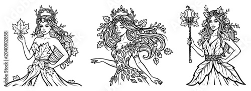Fotografi Autumn forest goddesses set, beautiful women personification of fall season with