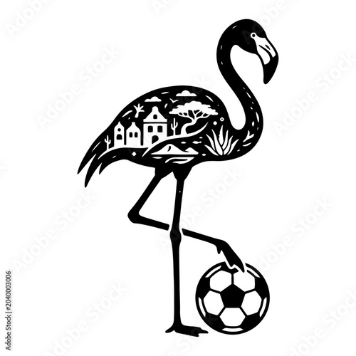 Fotografie Flamingo silhouette with African landscape inside standing on soccer ball, wildl