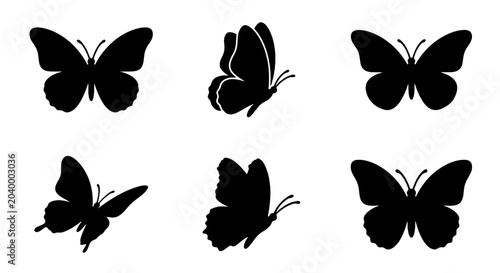 Fotografía Six Silhouette Butterfly Icons, Vector Graphics Set for Nature and Insect Design