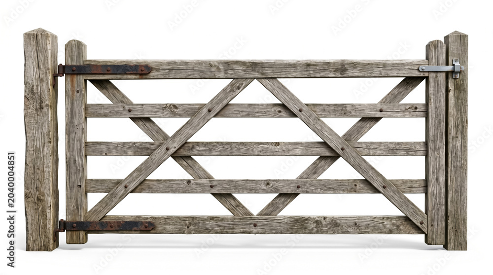 Obraz premium Old wooden gate with crisscross design on white background