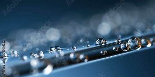 A stunning macro shot capturing water droplets sitting on a smooth metallic surface, highlighting the beauty of reflection and clarity, inviting a sense of freshness and serenity.