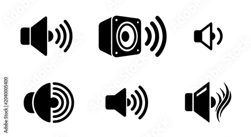 Fényképezés Set of 6 Black Speaker Icons, Audio Sound Symbols, Volume Control Graphics, Musi