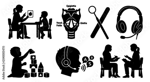 Bild auf Leinwand Speech Therapy Icons Set: Larynx Anatomy, Child Play, Consultation, Hearing Aids