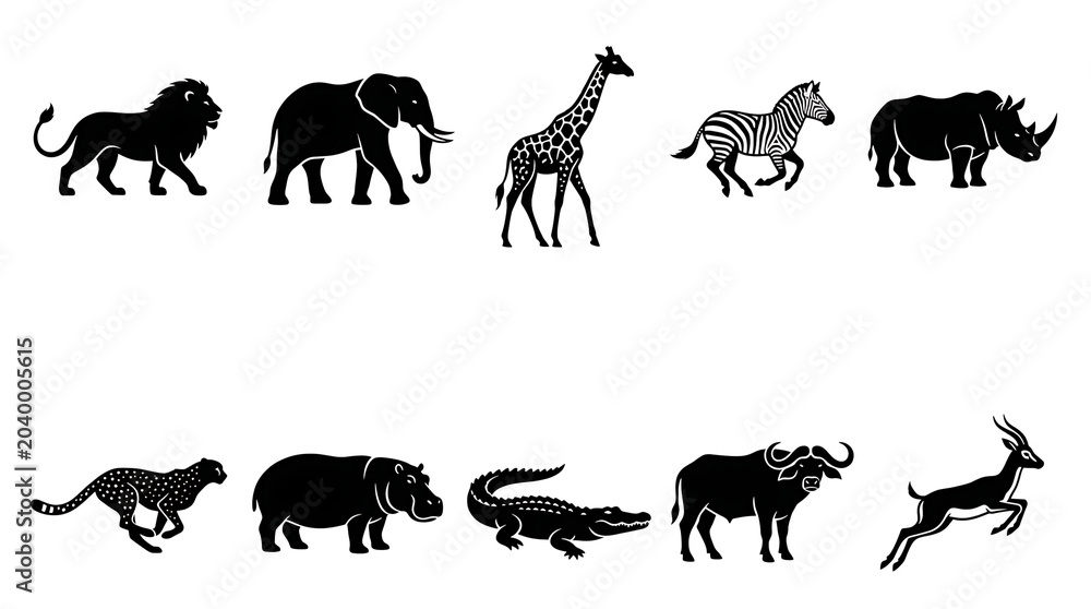 Fototapeta premium Black silhouette safari animal icon collection with clean vector style featuring iconic African wildlife isolated on white background for branding and educational design.