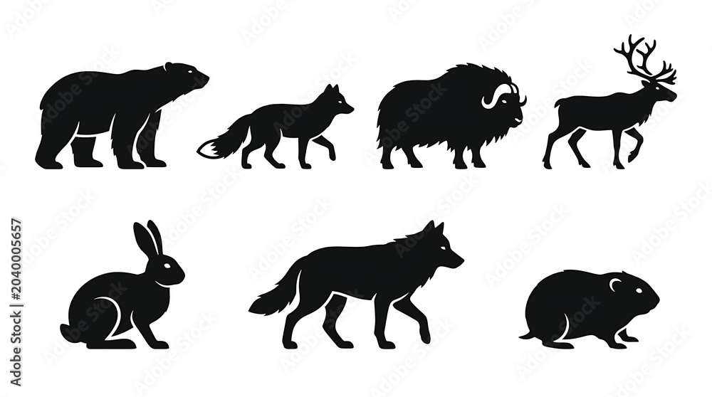 Fototapeta premium Forest animal silhouette icon collection with elegant woodland wildlife illustrations isolated on white background for outdoor and nature-themed design.