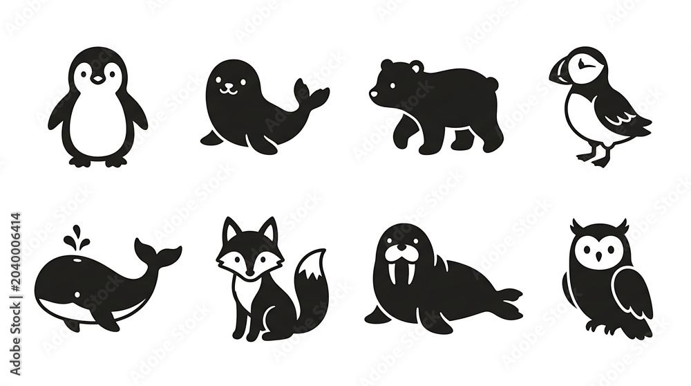 Obraz premium Cute Arctic animal silhouette icons with simple rounded shapes isolated on white background for children’s and playful design projects.