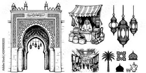 Photos Middle Eastern Bazaar Arch Sketch Black White-Muqarnas Lantern Stall Merchant-So