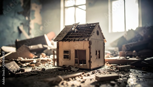 A Child's Damaged Wooden Dollhouse Lying Amidst Debris in an Abandoned Setting