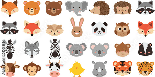 Photography Cute Cartoon Animal Faces Avatar Vector Icon Set Featuring Jungle Safari and Far