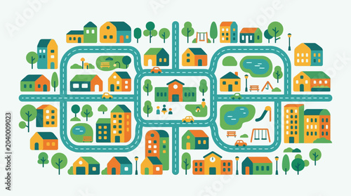 Colorful illustration of a neighborhood.
