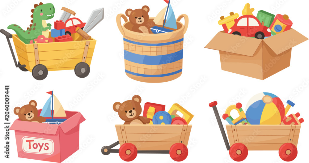 Obraz premium Cute Kids Toy Boxes and Wooden Wagons Vector Set with Teddy Bears Dinosaur and Cars for Nursery Playroom Storage Designs