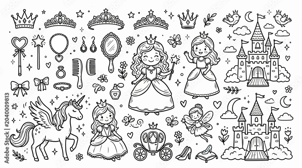 Obraz premium A whimsical illustration of princesses, unicorns, and fairy tale elements in a black and white coloring book page. , jpg, vector icons sets, png,