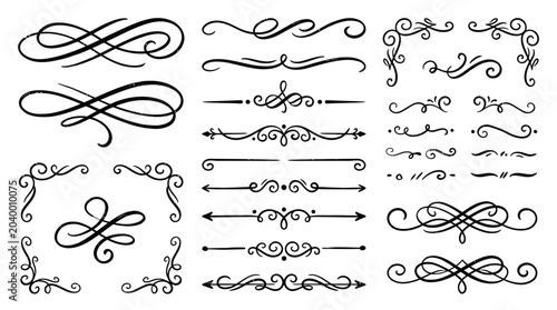 Fotografie A collection of elegant black calligraphy swirls and flourishes on a white backg