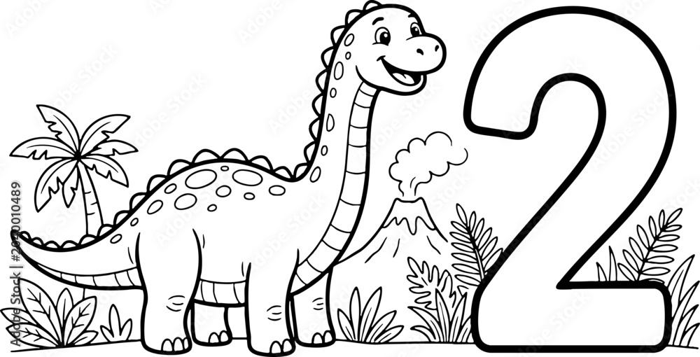 Fototapeta premium Dinosaur Number 2 Coloring Page for Kids Prehistoric Illustration