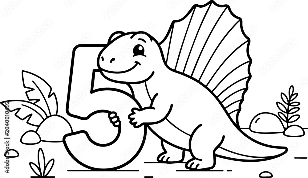 Naklejka premium Dimetrodon Dinosaur with Number 5 Coloring Page for Kids