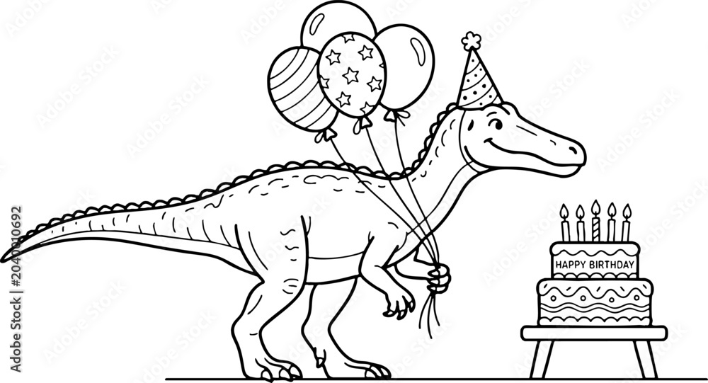 Fototapeta premium Dinosaur Birthday Celebration Coloring Page with Cake and Balloons