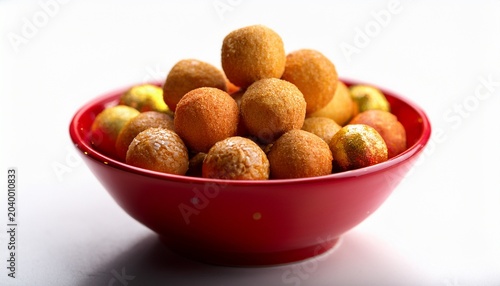 red bowl filled with round snacks or tasty treats