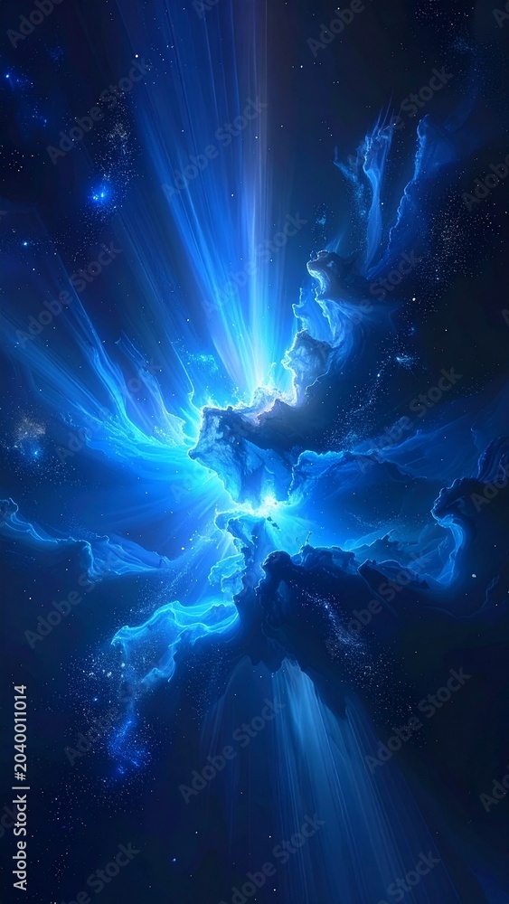Fototapeta premium A breathtaking deep space view featuring a glowing blue nebula with radiant light rays and sparkling stars in a dark vast cosmic universe.