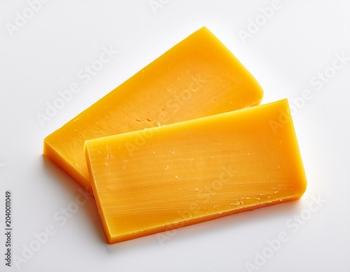 two slices of cheddar cheese bright yellow close up shot on white background perfect for sandwiches