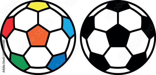 Colorful soccer ball and classic black and white soccer ball illustration