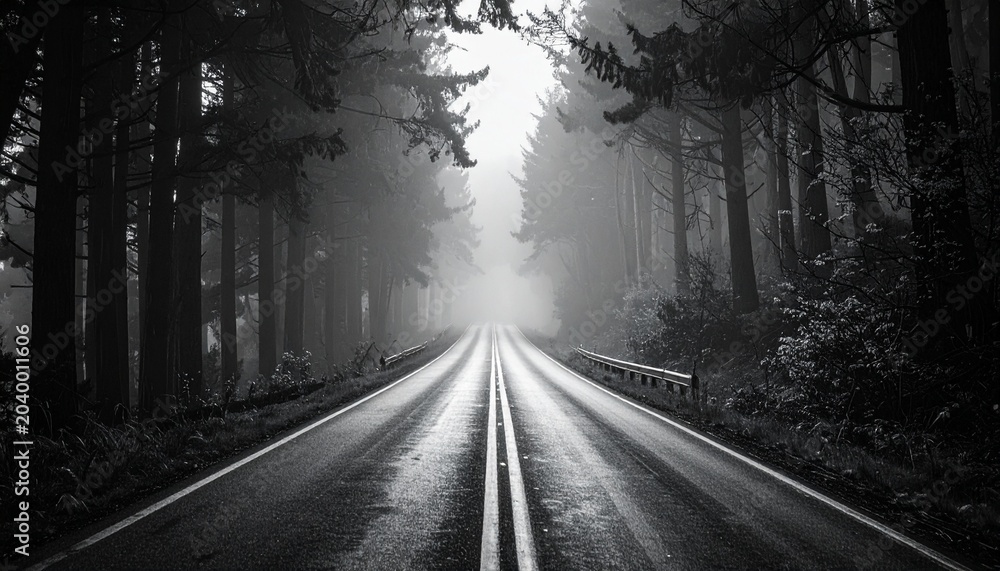 Fototapeta premium Eerie Road Through Dark Forest - A Monochrome Journey into the Unknown.