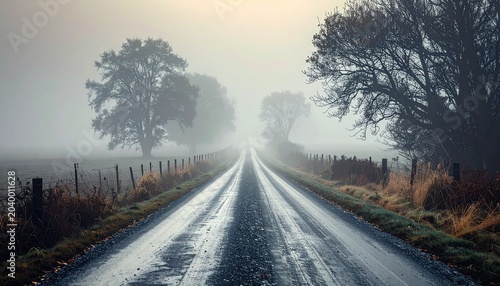 Eerie Road Through Foggy Landscape - A Journey into the Unknown.