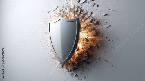 A strong shield breaking through a wall, symbolizing protection and resilience
