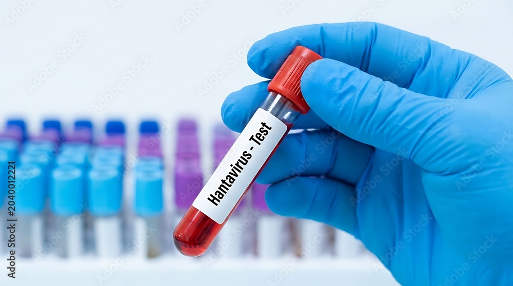 Naklejka premium Medical laboratory technician wearing blue gloves holds blood sample tube labeled Hantavirus Test for diagnostic purposes in healthcare clinic with rack of vials.