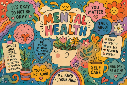 Mental Health Awareness Concept with Positive Affirmations and Hand-Drawn Doodle Illustrations