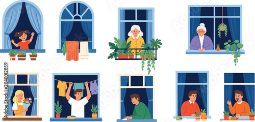 Neighborhood Windows Vector Set Featuring Diverse People Staying At Home Hanging Laundry Watering Plants Looking Out and Waving From Apartments