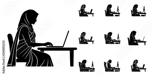 Schilderij op canvas Hijab and Saree Muslim tech and Businesswoman Working on Laptop Silhouette Vecto